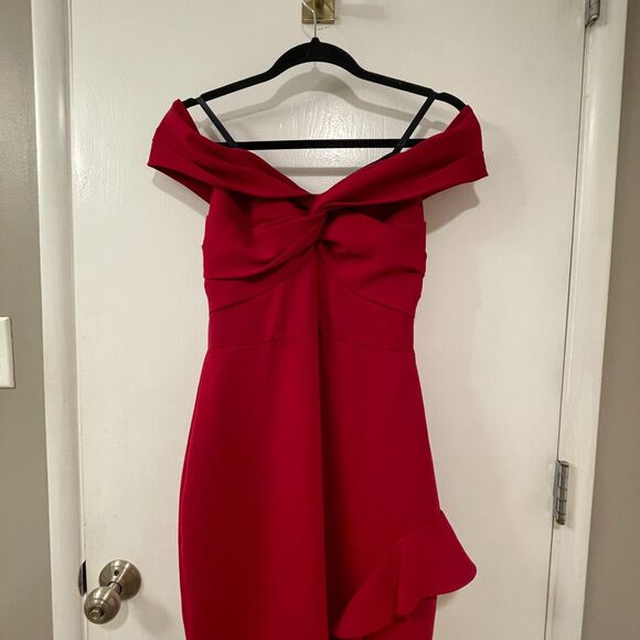 Shoshanna Midnight Off the Shoulder Ruffle Slit Cocktail Long Gown Red 4 - Picture 7 of 13